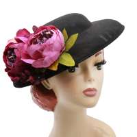 Black hat with lilac-purple exchangeable corsage flower