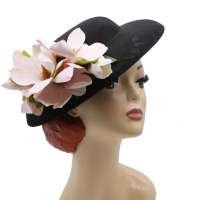 Black big hat with pink magnolia flowers to change