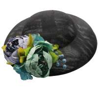 Black big hat with petrol blue peony flowers to change