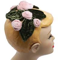 Half Hat with pink Velvet Flowers and Leaves (Vintage Bandeau Hat)