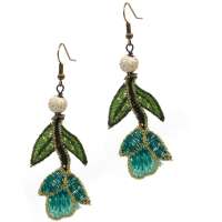 Green blue embroidered blossom lace - earrings