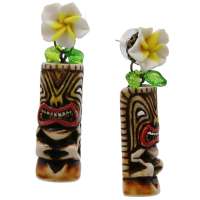 Stud earrings with tiki figure & frangipani flower